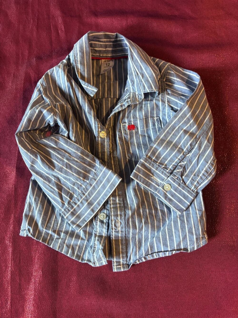 Carters Shirt Baby Boys 12M Blue White Striped Long Sleeve Button Up Pocket